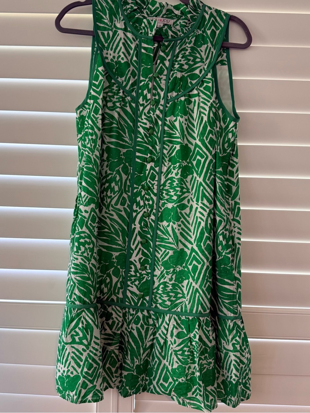 Joy Joy Green & White Tropical Print Sleeveless Ruffle Dress Size Small